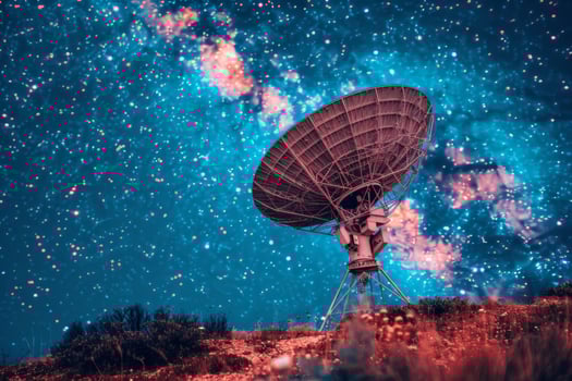 Satellite with large dish in space. scene of exploration and discovery in a starry sky photo