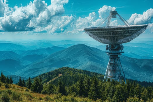 Large space antenna, radio telescope observatory in mountain valley under clear blue sky photo