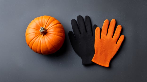 Halloween concept with an orange pumpkin and gloves on a dark background photo