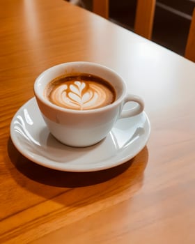 A beautiful latte art in a white cup on a wooden table, perfect for a relaxing break. photo