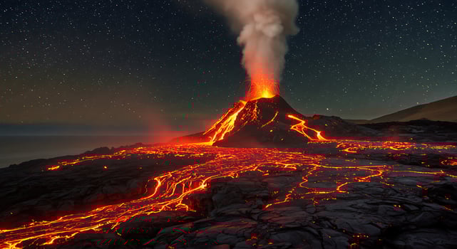 Volcano spewing lava at night photo