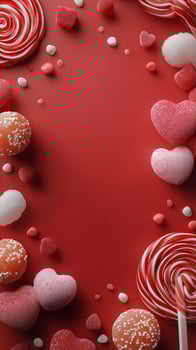 Colorful Assortment of Candy Arranged for a Festive Celebration on a Bright Red Background. photo