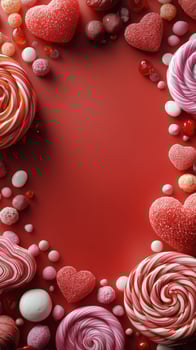 Colorful Assortment of Candy Arranged for a Festive Celebration on a Bright Red Background photo