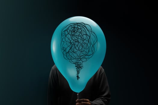Mental Health Concept. Stressed, Anxiety, Depressed Person with messy drawn line on Balloon, Negative Emotion. Moody Dark tone photo