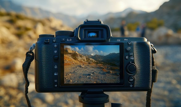 A camera captures a mountain landscape with a couple in the background. photo