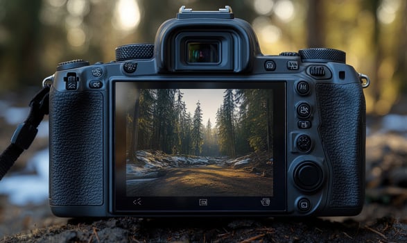 A DSLR camera displays a scenic image of a forest path with snowy ground. photo