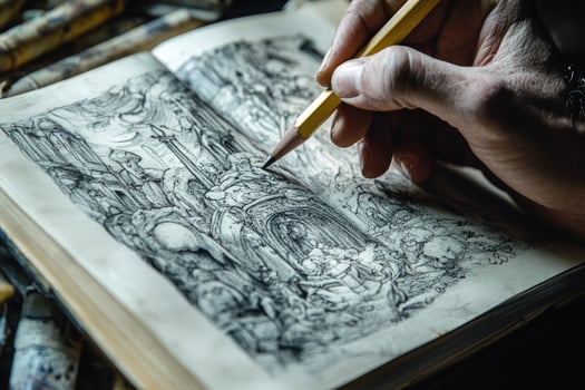 A hand sketches a detailed drawing of a fantastic architecture in an open sketchbook using a yellow pencil. photo