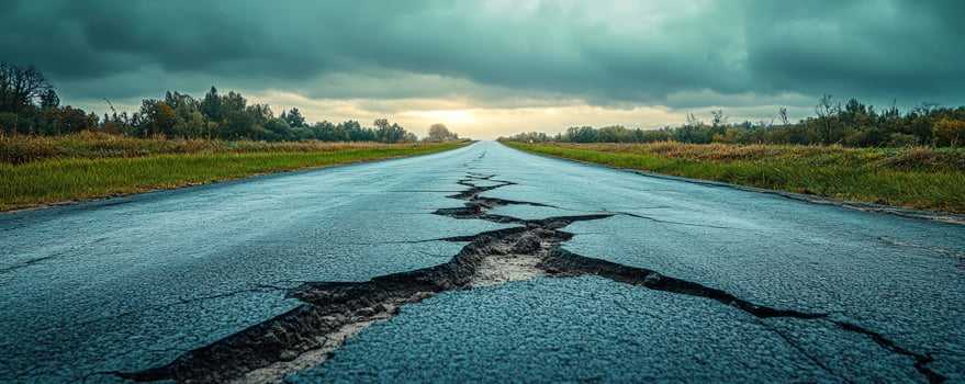 A cracked asphalt road stretches into the distance under a cloudy sky. photo