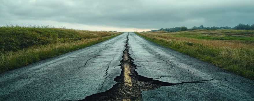 A cracked asphalt road runs through a field under a cloudy sky. photo