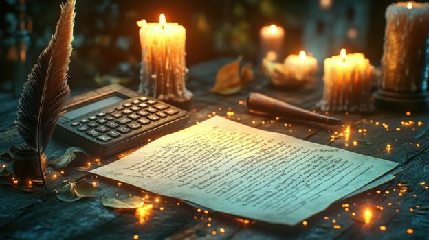 An old, handwritten letter sits on a wooden table with a quill pen, inkwell, calculator, and candles. photo