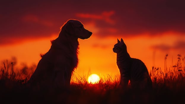 Silhouette of a dog and cat looking at each other against a sunset sky. photo