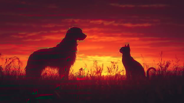 Silhouette of a dog and cat facing each other during a vibrant sunset. photo