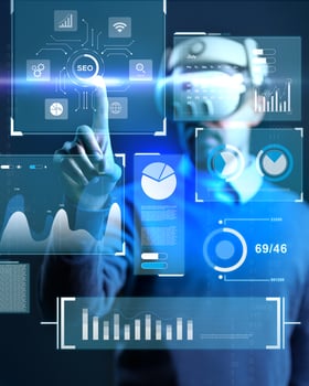Exploring virtual technology with data analytics and SEO insights in a futuristic workspace photo