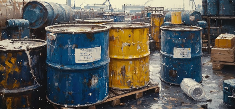 Several metal barrels, some yellow and some blue, with various labels and markings, stand on wooden pallets in a wet and industrial environment. photo