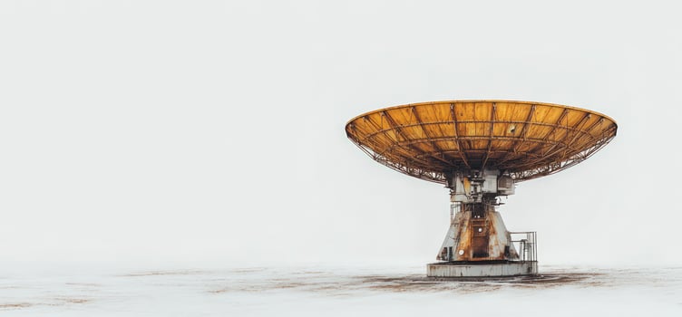 A single large satellite dish stands in a snowy field against a white cloudy sky. photo