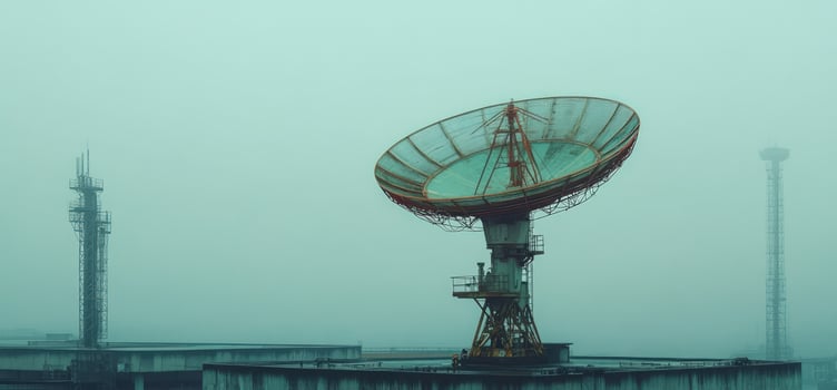 Large satellite dish antenna in a foggy landscape. photo