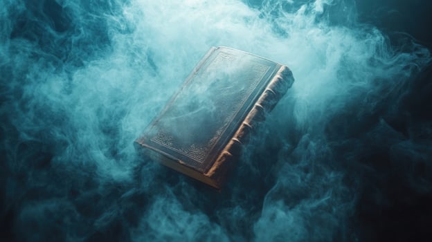 An old leatherbound book rests in a cloud of blue smoke, casting a mysterious and atmospheric glow. photo