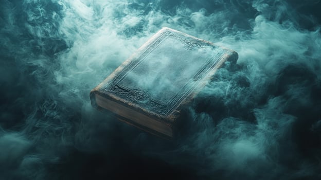 A vintage, leatherbound book sits in a cloud of turquoise smoke, suggesting mystery and intrigue. photo