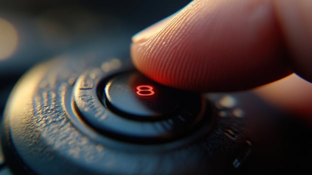 Closeup of a finger pressing the number 8 button on a black control panel. photo