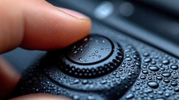 Closeup of a finger pressing a black button covered in water droplets. photo