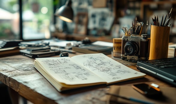 An open sketchbook with hand drawn sketches lies on a wooden desk with art supplies, a camera, and a laptop. photo