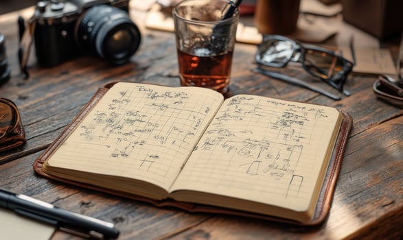 Open notebook with handwritten notes on a wooden table. photo