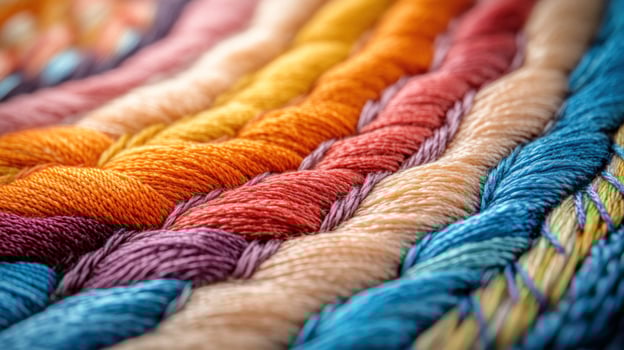 Closeup of colorful embroidery threads in a woven pattern. photo