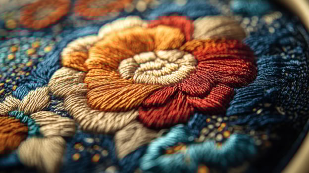 Closeup of colorful embroidered flower pattern on fabric. photo