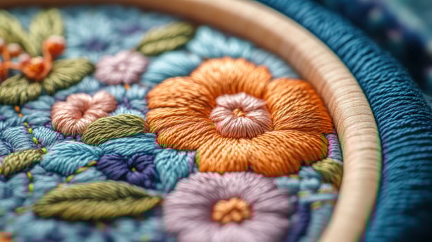 Closeup of colorful floral embroidery on blue fabric in wooden hoop. photo