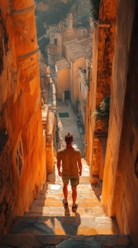 A man walks up a stone staircase in a narrow, sundrenched alleyway in a picturesque European village, with a view of the town square in the distance. photo