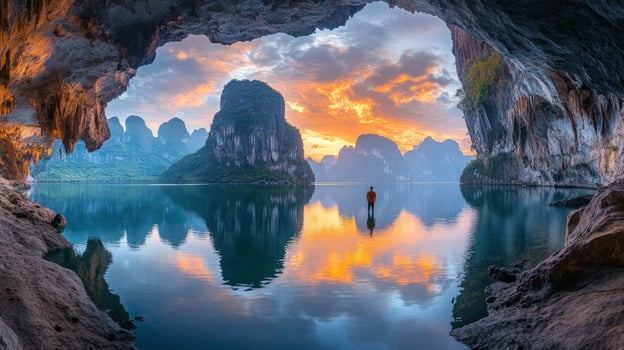 A lone figure stands in a still lake framed by a cave opening, with majestic limestone cliffs rising in the background as the sun sets behind them, painting the sky with vibrant hues. photo