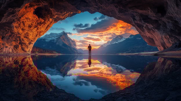 A lone figure stands in a cave entrance, gazing at a stunning sunset reflected in a still lake with snowcapped mountains in the background. photo