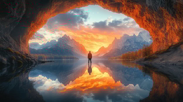 Silhouette of a man standing in a cave opening, looking out at a mountain range reflected in a still lake at sunset. photo