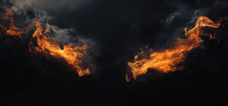 Two streams of orange flames with smoke rising against a black background. photo