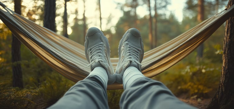 Feet in Hammock Relaxing in Forest. photo