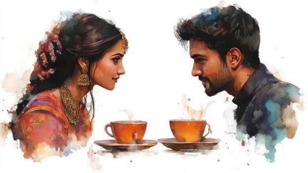 Watercolor illustration of a couple in love sharing a cup of tea. photo