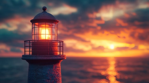 A lighthouse stands tall against a dramatic sunset sky, its light shining brightly over the ocean. photo