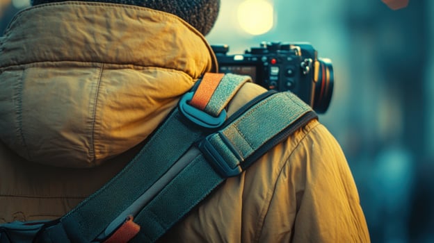 Photographer with camera on shoulder in urban setting. photo