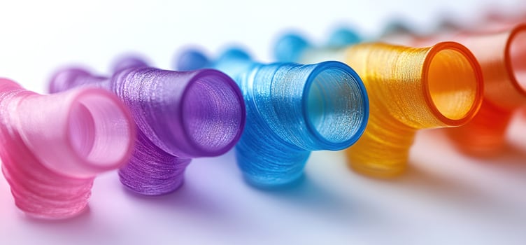Colorful plastic tubes with a spiral pattern, arranged in a row. photo