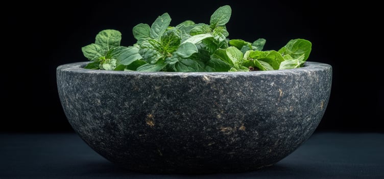 Fresh mint leaves in a stone bowl on a black background. photo