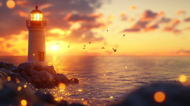 A lone lighthouse stands tall on a rocky shore as the sun sets over the ocean, casting a warm glow over the water. photo