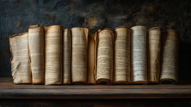 Old books in a row on a wooden surface, rolled open to reveal yellowed pages. photo