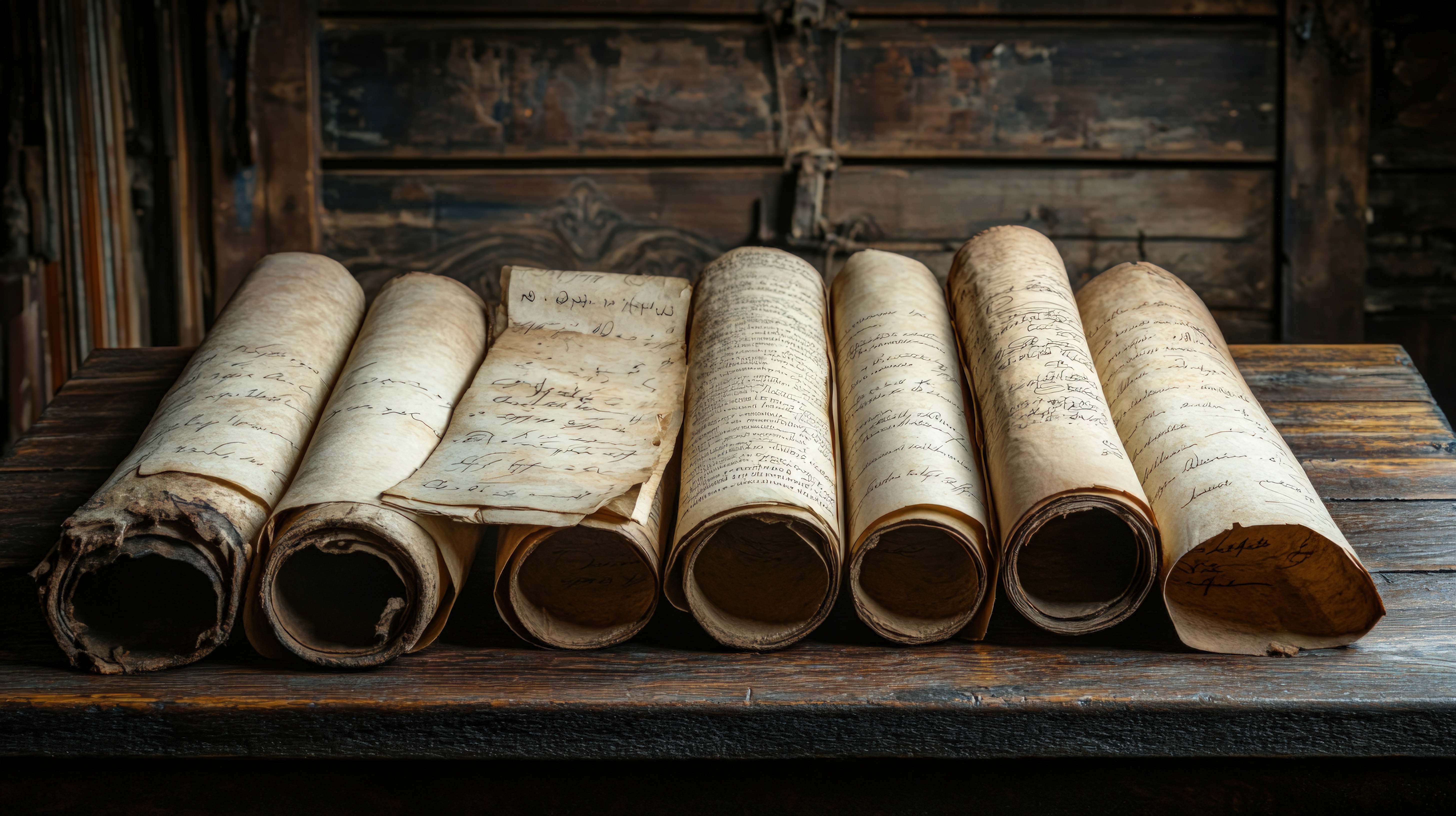 Old, weathered scrolls on a wooden table, closeup. photo