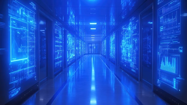 Futuristic hallway with glowing blue screens displaying data and graphs. photo