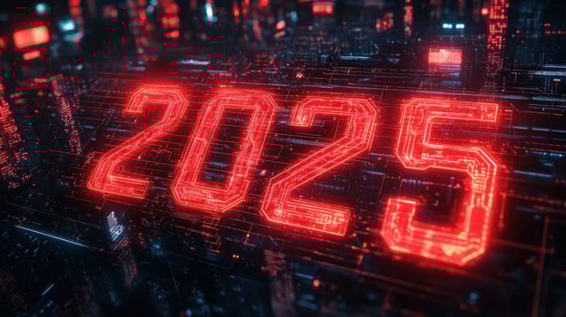 Glowing red 2025 digital numbers on a futuristic tech background. photo