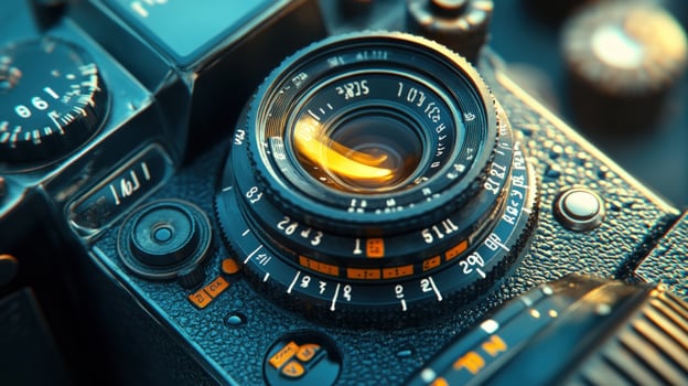 Close up of an old film camera lens with shallow depth of field. photo