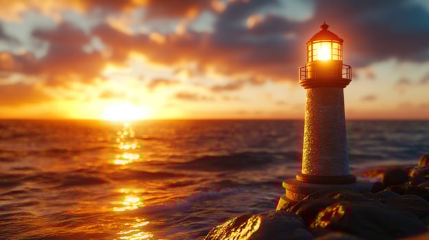 A lighthouse stands tall against a vibrant sunset sky, its beacon of light guiding ships through the turbulent sea. photo