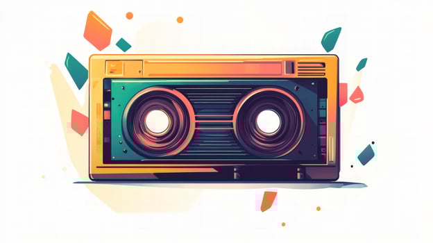 A retro illustration of a cassette player on a white background with colorful geometric shapes. photo