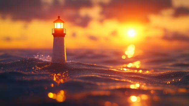 A small lighthouse stands tall in the ocean at sunset, its beacon casting a warm glow against the fiery sky. photo