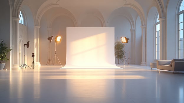 White backdrop studio with lighting equipment, windows and a couch. photo